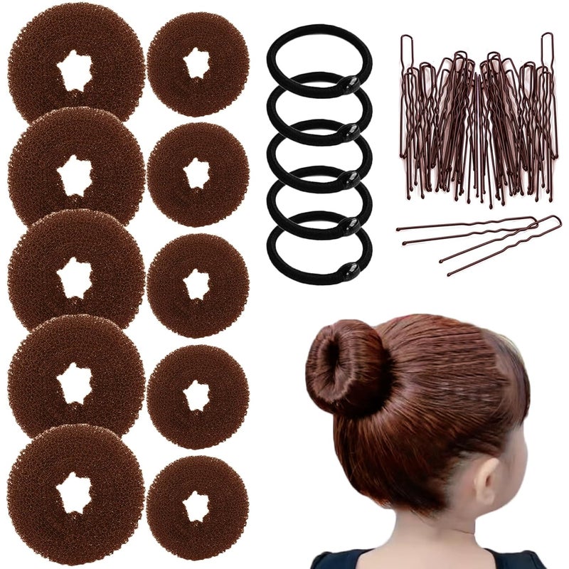 FORESRUM 10 Pcs Hair Bun Maker - Donut Bun Maker for Hair(5 medium and 5 small),Ballet Bun for Women and Kids with Elastic Hair Ties, Hair Pins(Light Brown) - Image 1